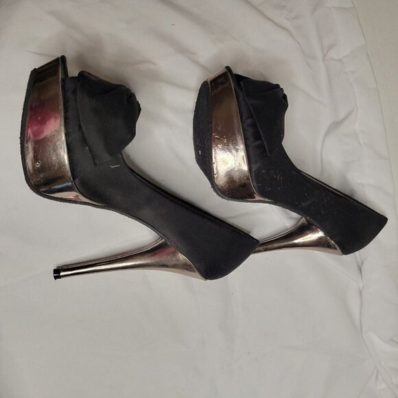 Steve Madden Bonnie Platform Pumps Peep Toe Heels‎ Satin Bow Black Party 7.5 - Picture 4 of 4